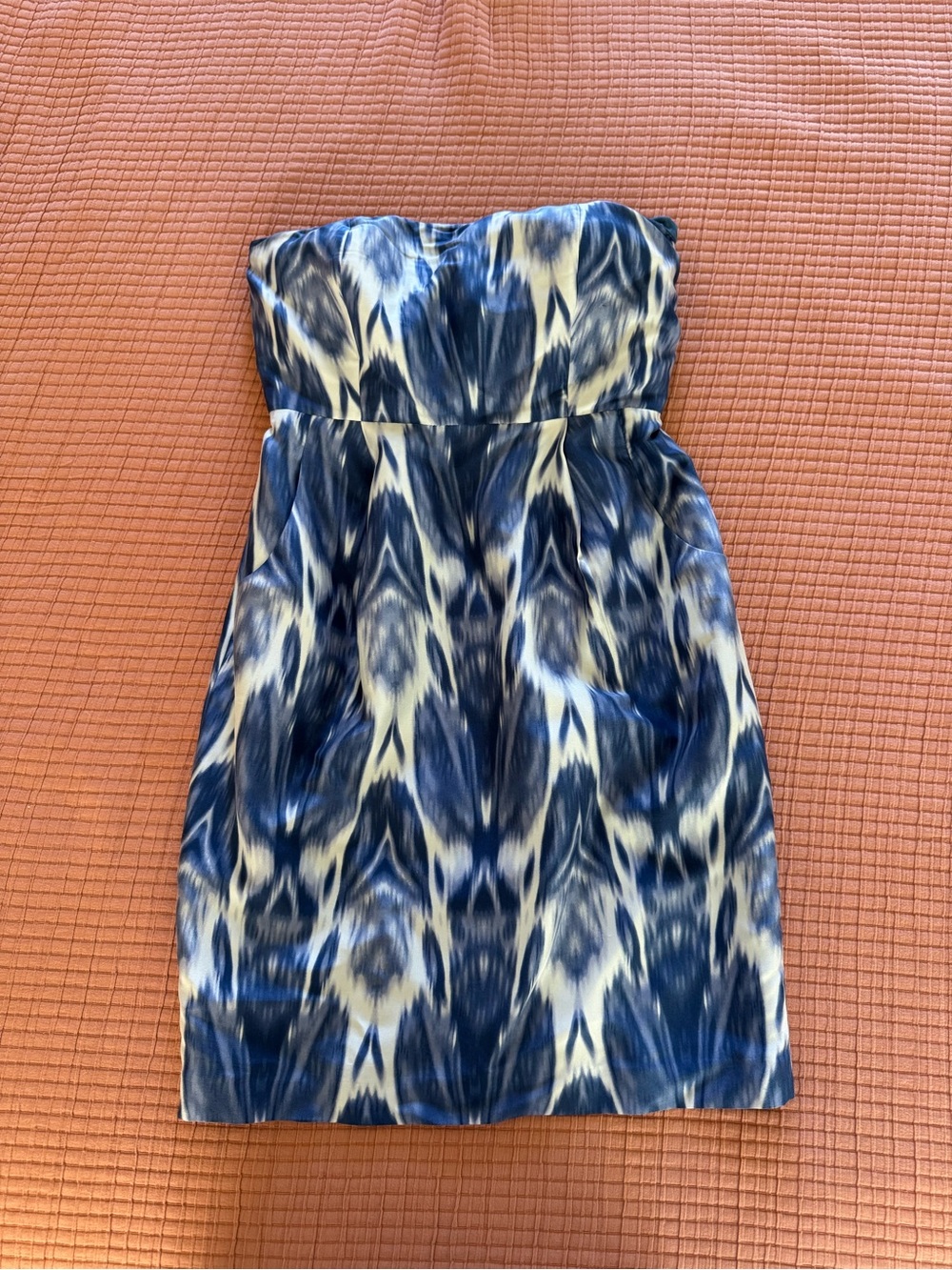 J Crew Silk Strapless Blue Ikat Print Dress